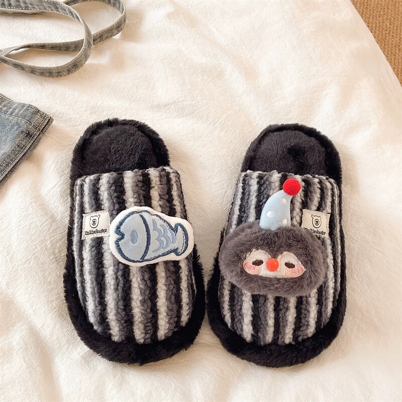 Color-Blocked Stripesd Winter Men's and Women's Ins Style Cotton Slippers Soft and Cute Plush Dog Couple Casual Versatile Furry Shoes
