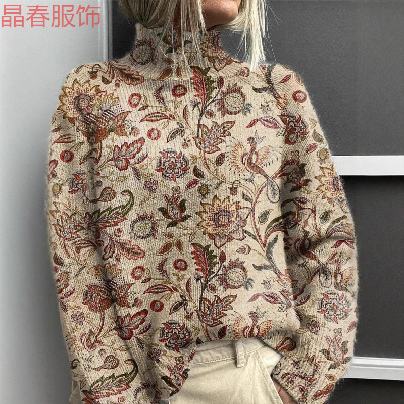 独立站新款高领复古花卉卫衣 秋冬季圣诞长袖翻领毛衣毛衣卫衣