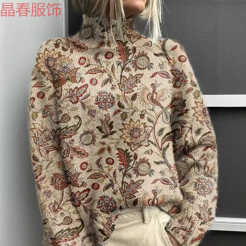 独立站新款高领复古花卉卫衣 秋冬季圣诞长袖翻领毛衣毛衣卫衣