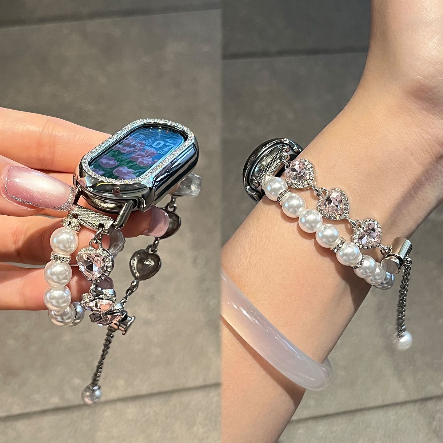 Suitable for Xiaomi Mi Band 10 Strap 9 Heart Pearl 8 Double Row Beaded Wristband Nfc Girls Strap