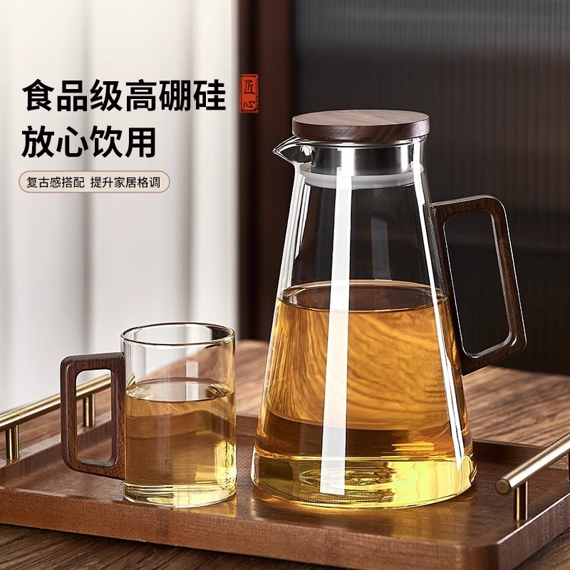 見栄えの良い家庭用コールドケトル冷水カップティーカップセット耐熱防爆高ホウケイ酸ガラス木製蓋大容量|undefined