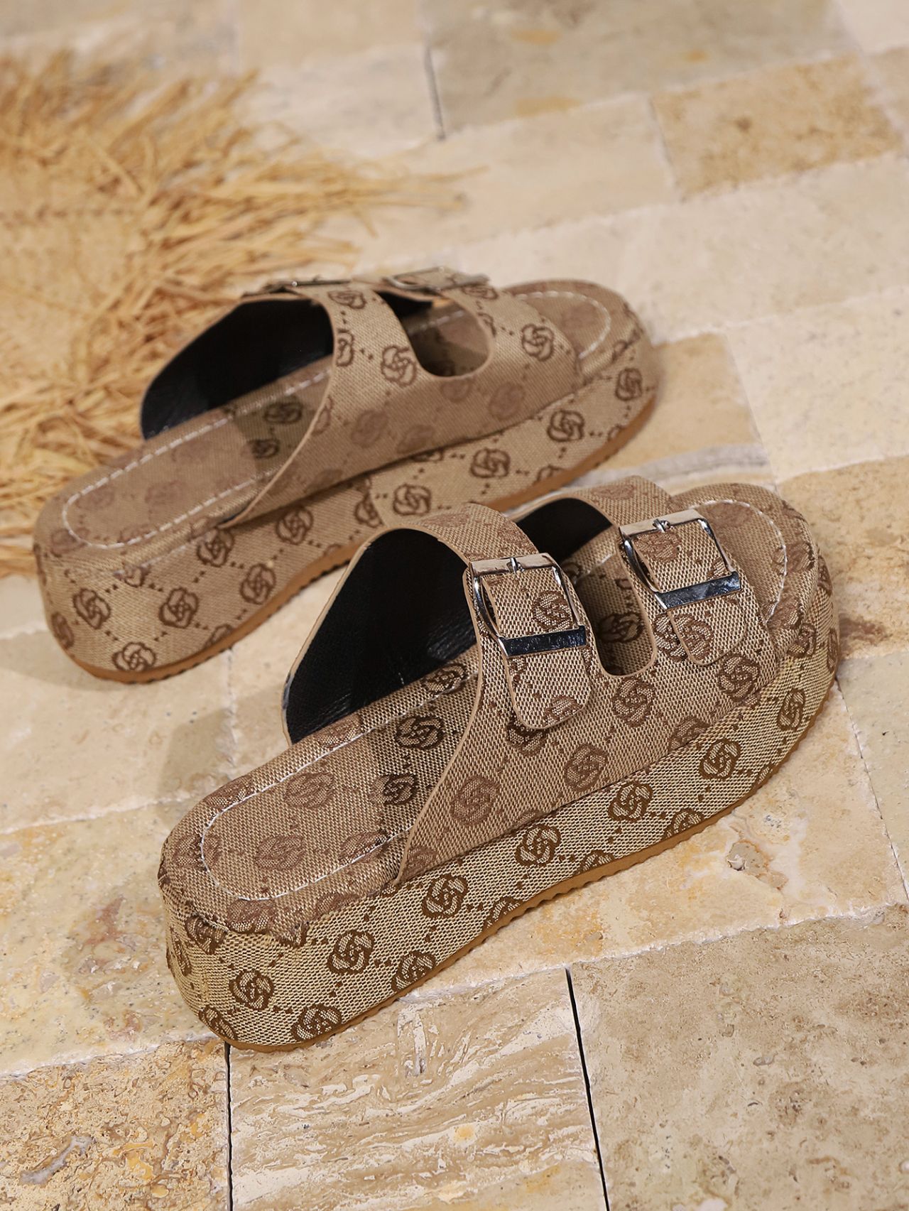 Women's Platform Slippers For Women Khaki Rose Canvas Shoes_voghion.com