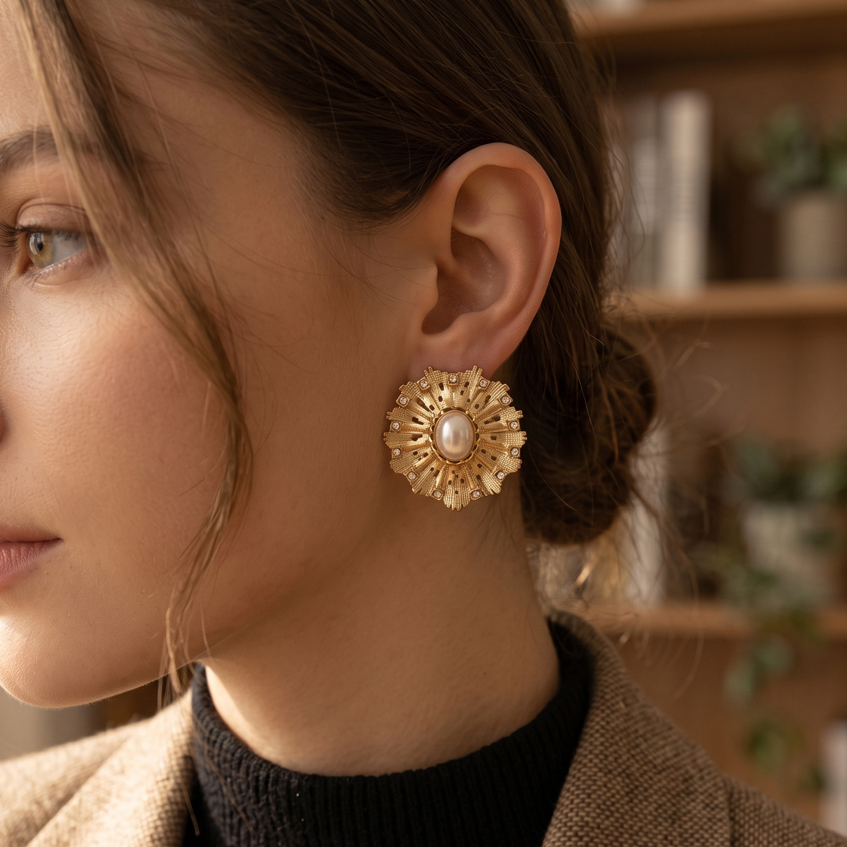 Tina Europa y los Estados Unidos de acero inoxidable ligero de lujo nicho flores perlas diamantes pendientes no desvanecen pendientes de venta caliente transfronterizos mujeres