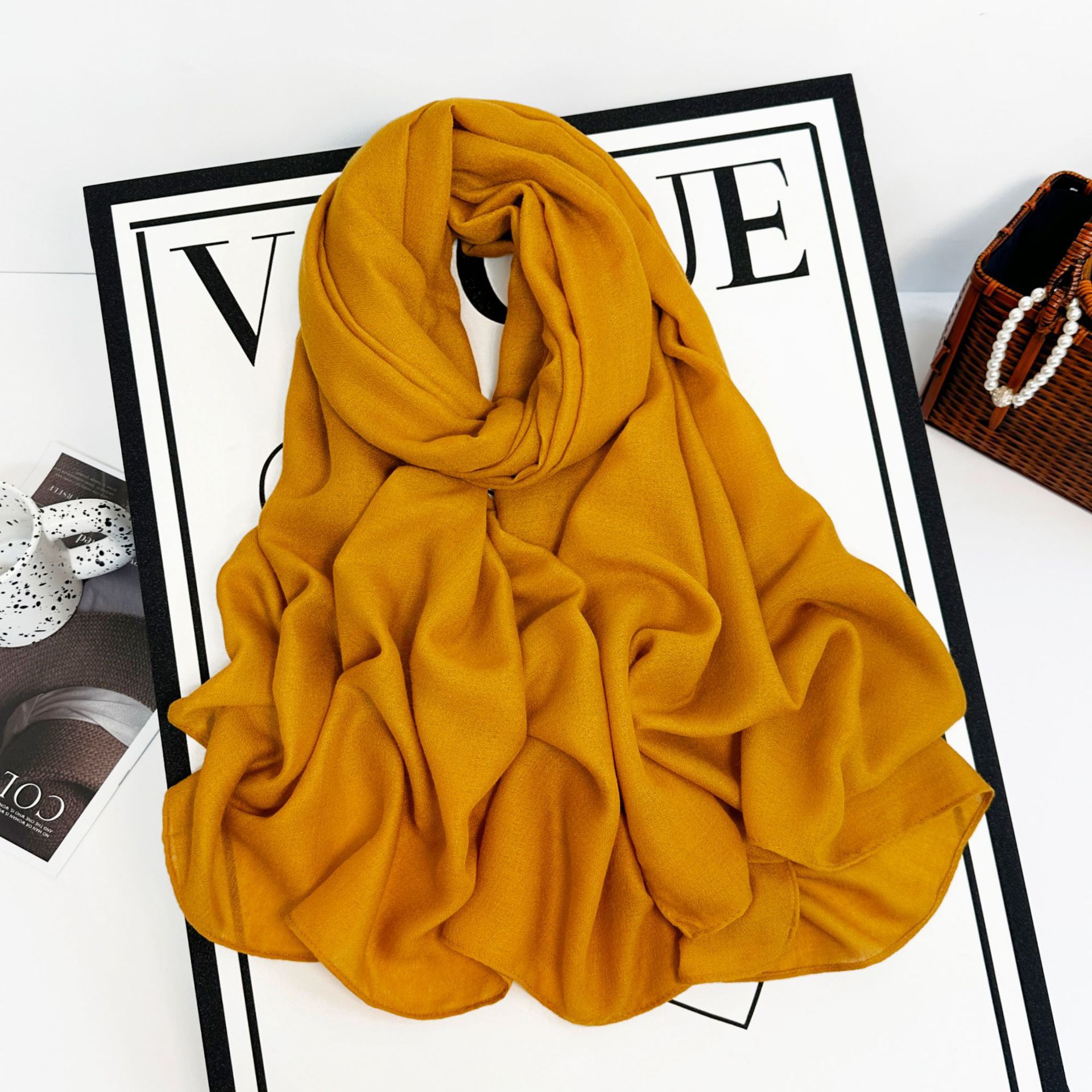 Sciarpa lunga da donna in cotone e canapa 2023 autunno/inverno tinta unita monocromatica multicolore_voghion.com