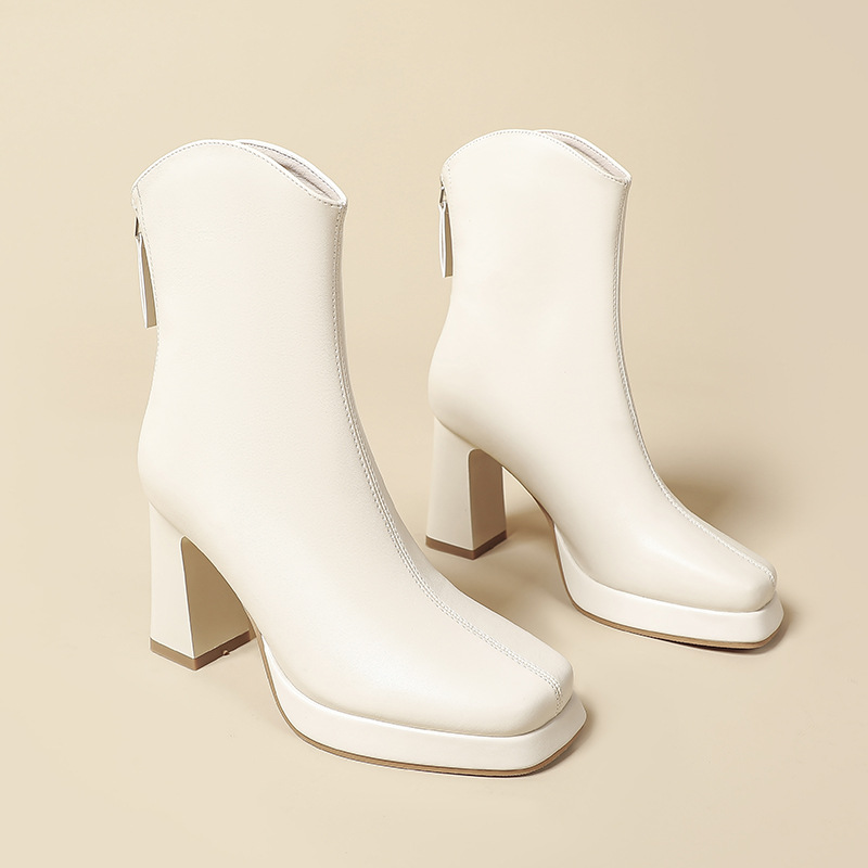 French style short boots for women, heels, thick heel, waterproof platform, back zipper, 2024 new Korean version, autumn_voghion.com