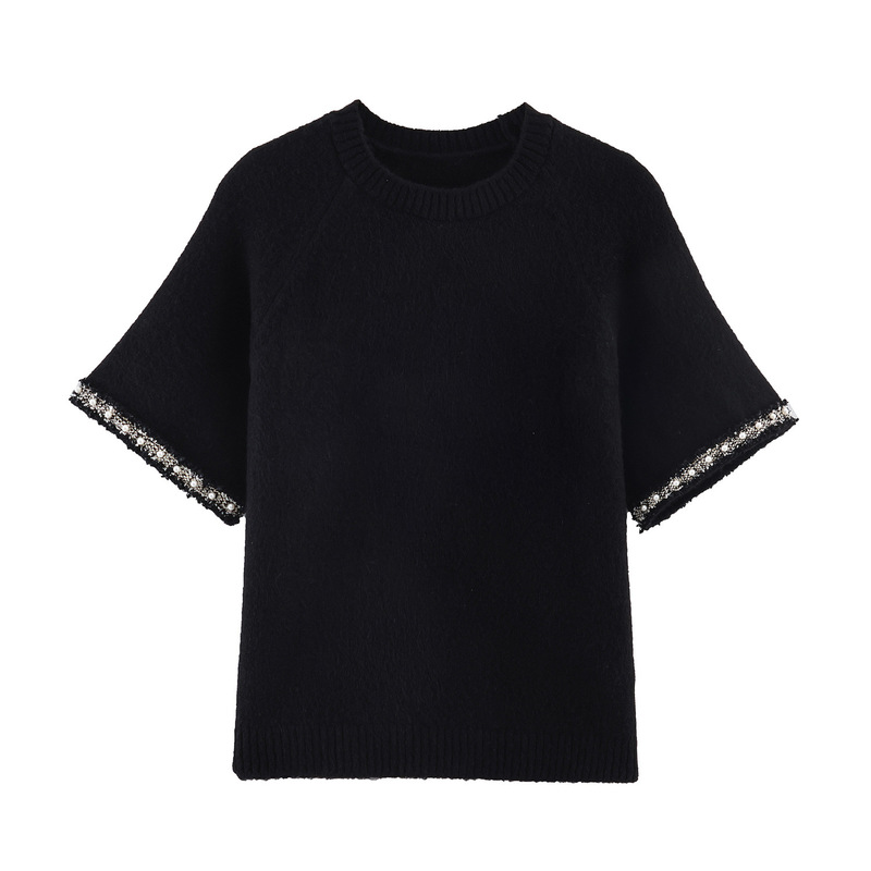 2026 Summer New Stylish Versatile Round Neck Rhinestone Short-Sleeve T-Shirt Elegant Loose Knit Top for Women