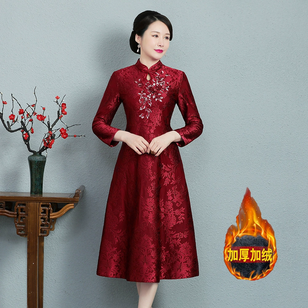 Осенне-зимнее утепленное платье больших размеров, кружевное платье-ципао с длинными рукавами до локтя, винтажное свадебное платье для торжеств, наряд для матери, оптом