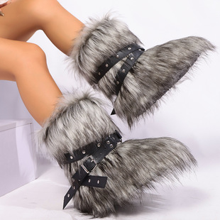 European and American Cross-border 2024 Winter New Plush Fur Snow Boots Women's Cross Belt Warm All-match Mao Mao Mao Boots