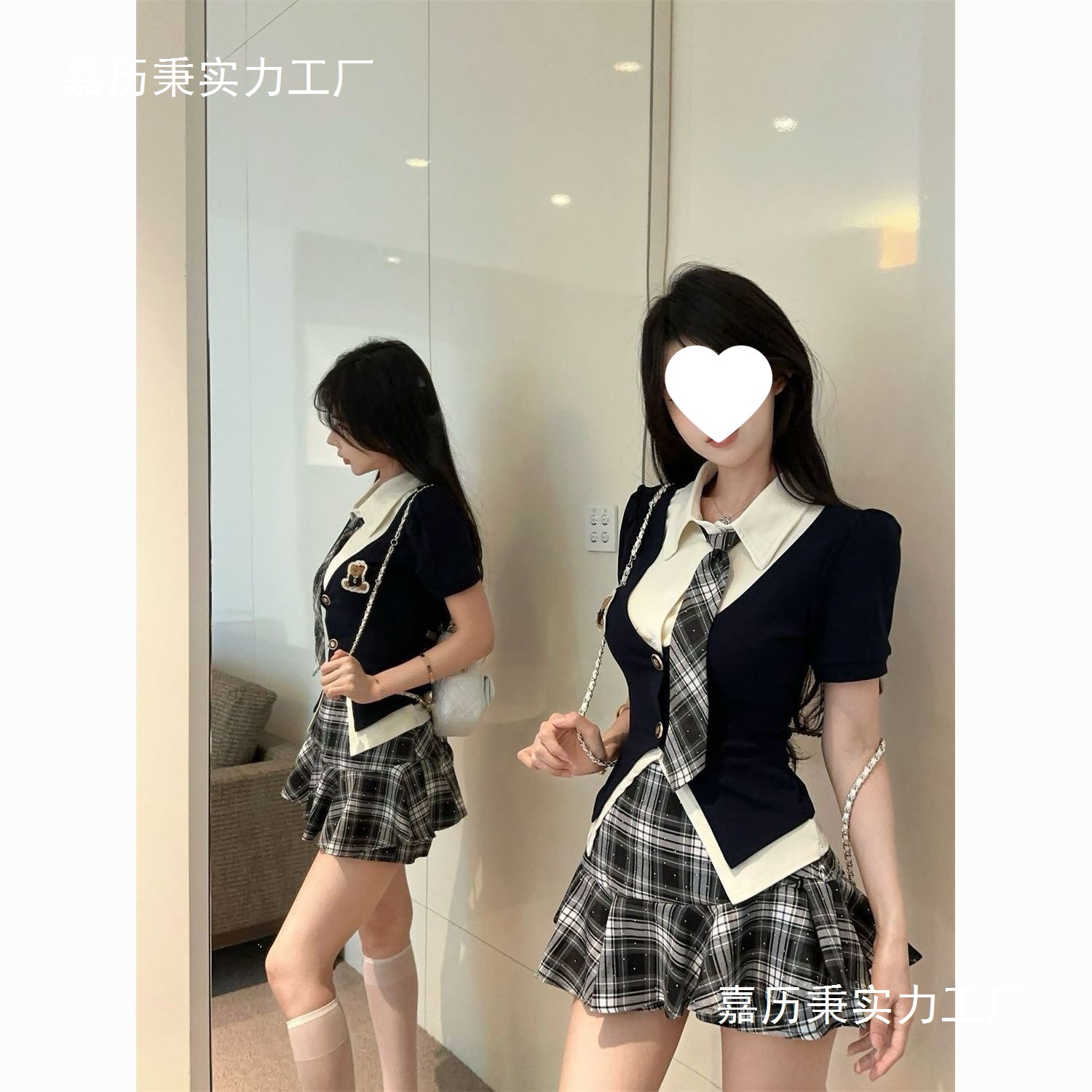 学院jk少女套装短裙夏季假两件短袖衬衫上衣半身裙格纹制服两件套