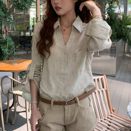 老钱风松弛感阔版亚麻长袖衬衫女防晒衬衣设计感显瘦休闲百搭外套