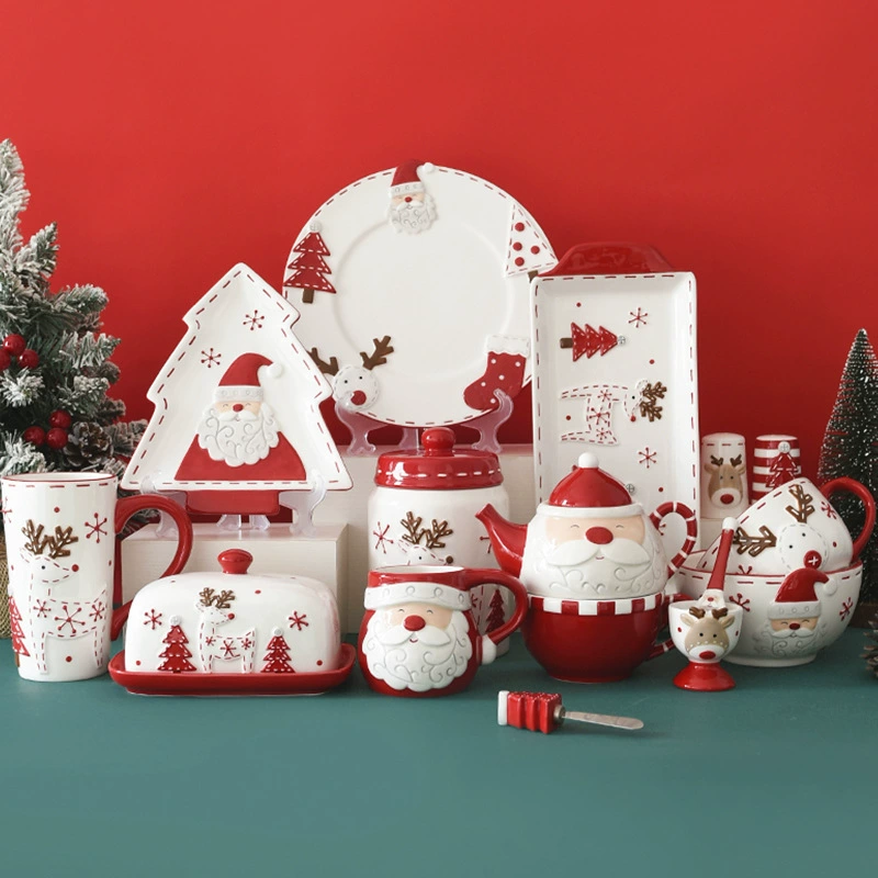 Набор посуды Nordic Santa, керамическое рождественское рельефное изображение, красный и белый, несколько изделий
