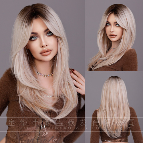 European and American-style 8-shaped bangs wig, gradient long straight hair, full-head style—high-quality, natural, layered, and textured wig