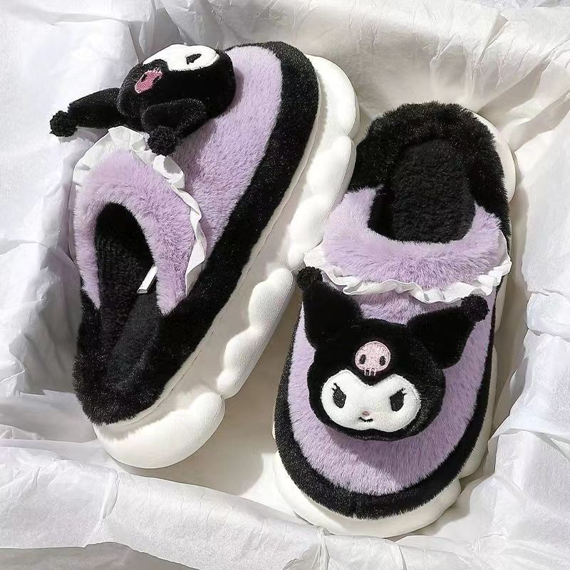 Japanese cartoon cute Sanrio plush Kuromi cotton slippers winter home non-slip thick-soled super warm furry shoes