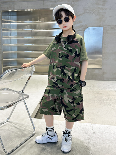 Boy's Summer Camouflage Outfit  New Children's Summer Short Sleeve Street Style Cool Trendy Medium/Large Youth Military Training Fashion