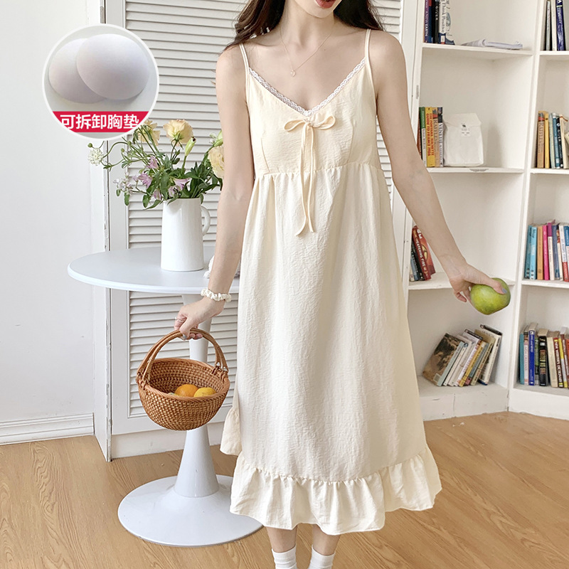 Camisón de verano con almohadilla en el pecho las mujeres tejidas algodón fresco Correa pijamas dulce encaje arco sexy vestido largo desgaste en casa