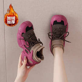 2025冬季加绒加厚保暖袜子鞋棉鞋韩版厚底飞织运动休闲鞋软底跑步