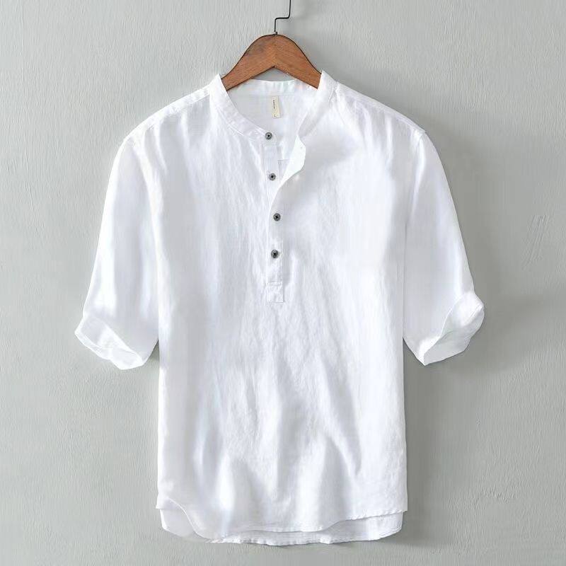 Chinese Style Spring and Summer Loose High-End Men's Linen Short-Sleeve Cotton-Linen Casual Breathable 5-Point Half-Sleeve Shirt Collar T-Shirt for Men