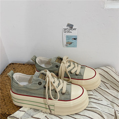 2023 Autumn Student Thick-Heeled Low-Top Canvas Shoes for Women, Hong Kong Style, Korean Version Streetwear Originals Flat Platform Shoes Replica