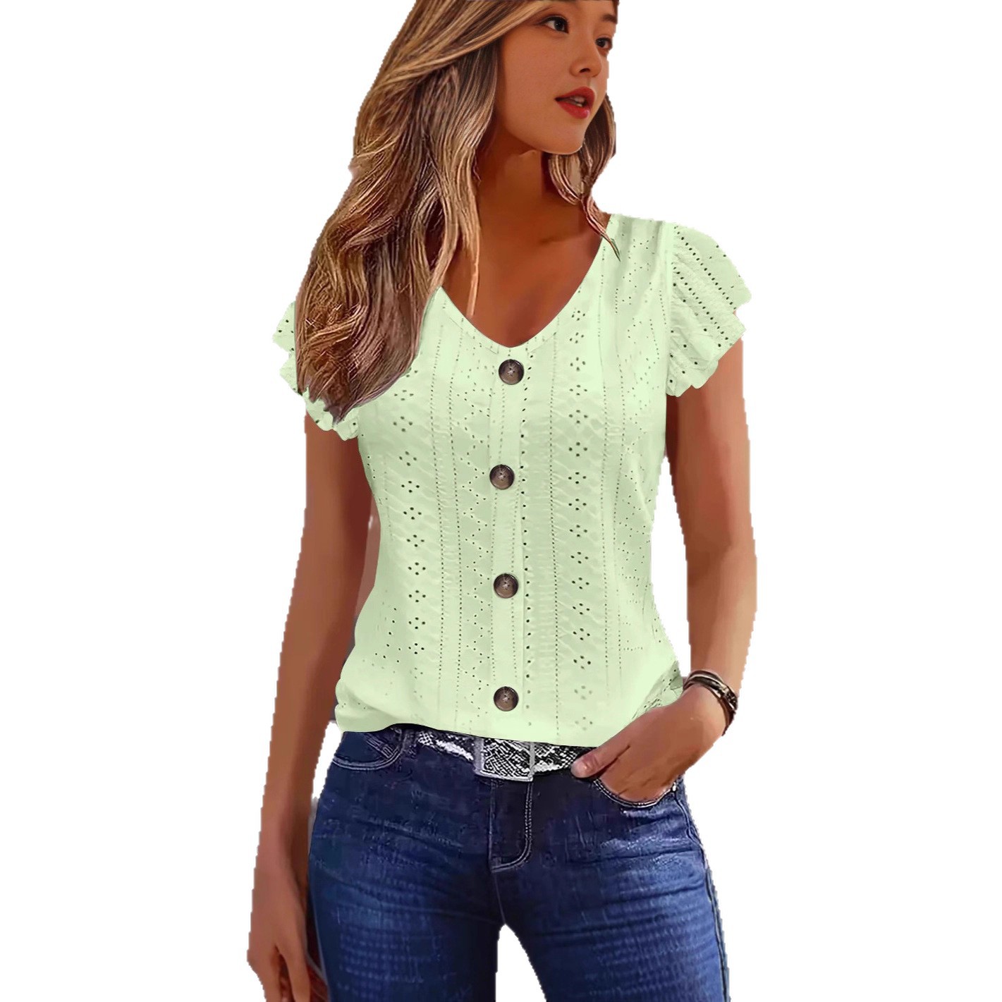 Elegante Bluse mit V-Ausschnitt und flatternden Ärmeln – Weiches Polyester-Freizeittop für Damen, vielseitig einsetzbar für Büro und Alltag_voghion.com