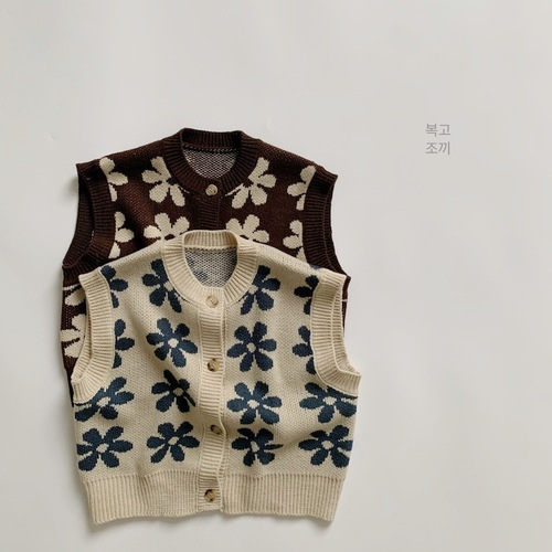 MtinyQueen 2024 Spring and Autumn New Children's Vest Retro Flower Knitted Jacket Korean Style Sweater
