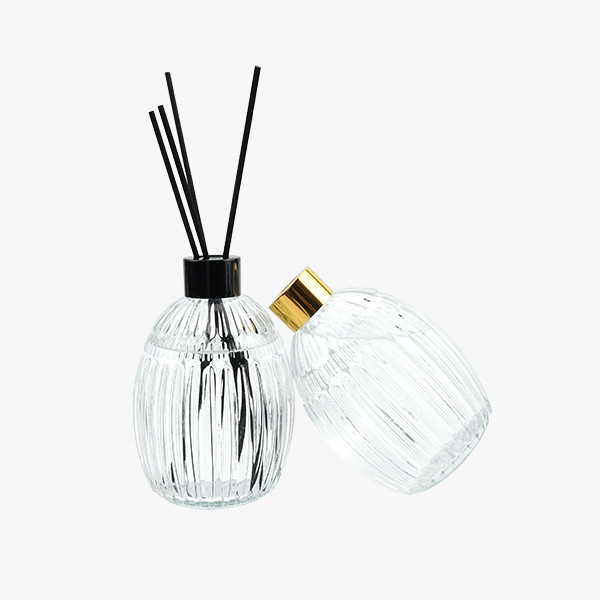 Uv Printed 350ml Aromatherapy Bottle with Vertical Stripes, Flameless Perfume Essential Oil Diffuser Glass Bottle with Lid and Rattan Stick