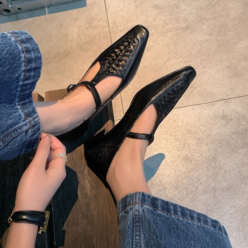 Giày Mary Jane nữ đan T-Strap da thật mũi vuông đế bệt — màu đen, bạc chi tiết 82