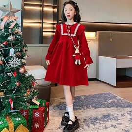 女童秋冬季新款红色甜美风公主裙中大童女孩时尚洋气长袖连衣裙子