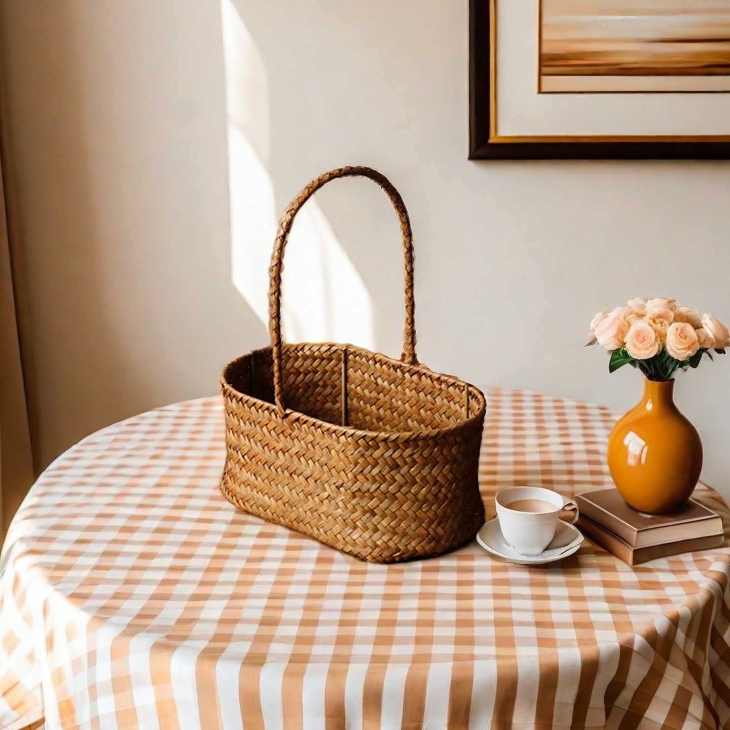 Cesta de flores de ratán de almacenamiento tejido de paja