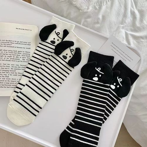 Spring and Autumn New Cartoon Striped Puppy Socks Women's Mid-Tube Socks High-Looking Non-Slip Women's Socks Japanese College Style Stockings