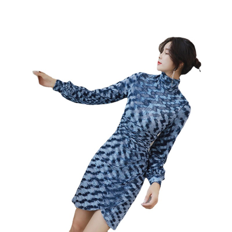 Váy nhung cổ cao ôm sát body nữ phong cách Hàn Quốc — Màu xanh lam