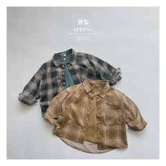 Japanese and Korean retro style children's Korean version plaid shirt spring and autumn new style thin striped velvet shirt tops for boys and girls versatile