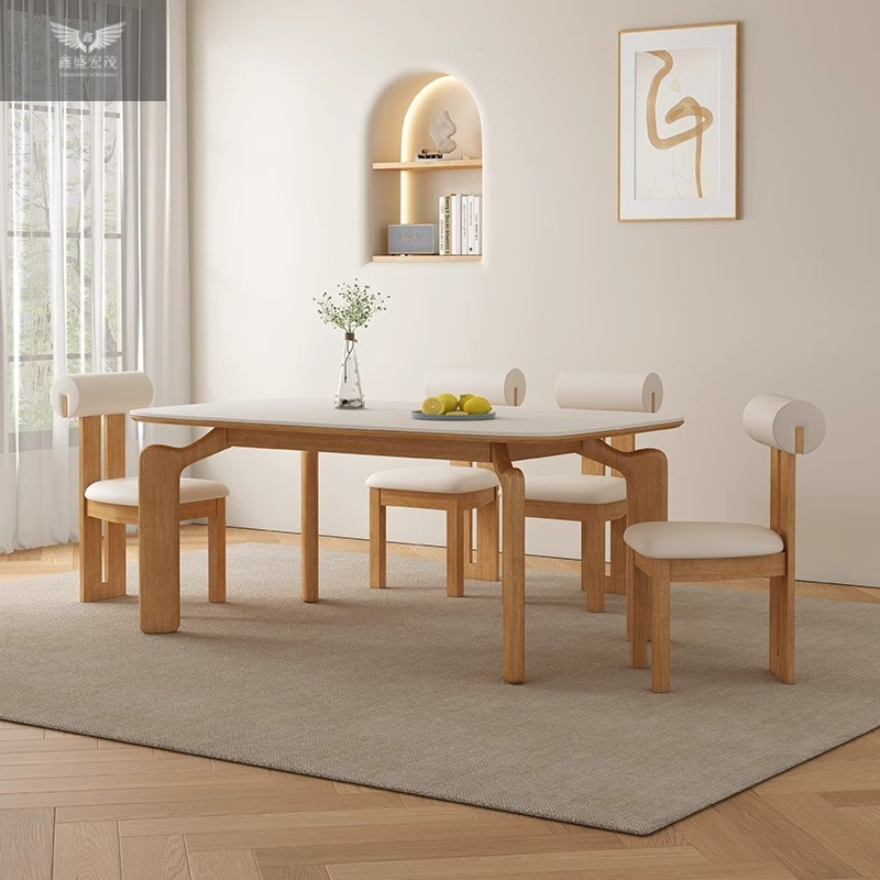 Nuevo estilo medieval crema mesa de comedor de madera maciza tronco de pierna de elefante combinación mesa de comedor de tablero de roca estilo japonés rectangular