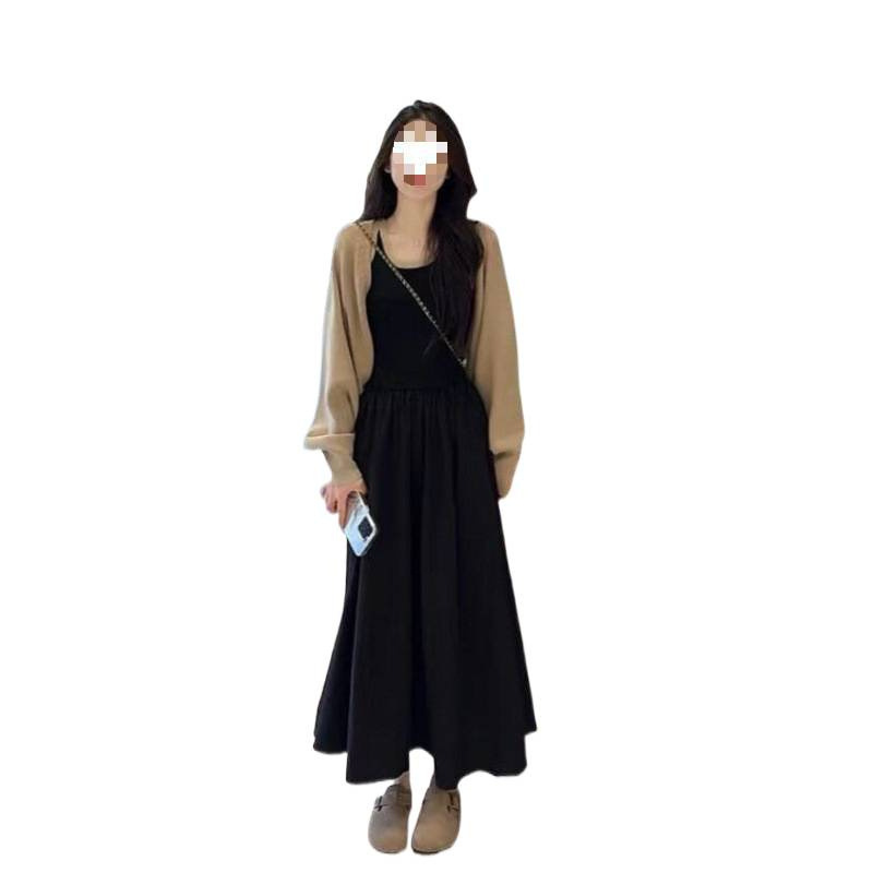 早秋时尚穿搭套装女高级感遮肉显瘦针织拼接吊带开衫两件套|undefined