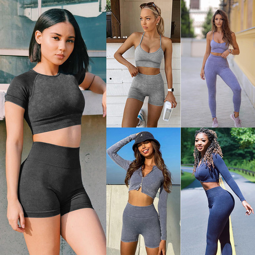 Sand-wash tight seamless yoga fitness suit high-waisted butt-lifting cross-border Zechuang sports yoga pants set