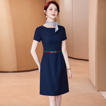 高级感灰色圆领职业连衣裙女短袖优雅气质裙子珠宝店酒店前台正装