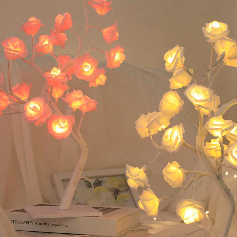 Transfronterizo caliente Rose Tree lámpara decoración de la habitación LED flor de cerezo luz de la noche lámpara de mesa USB interruptor de luz de color