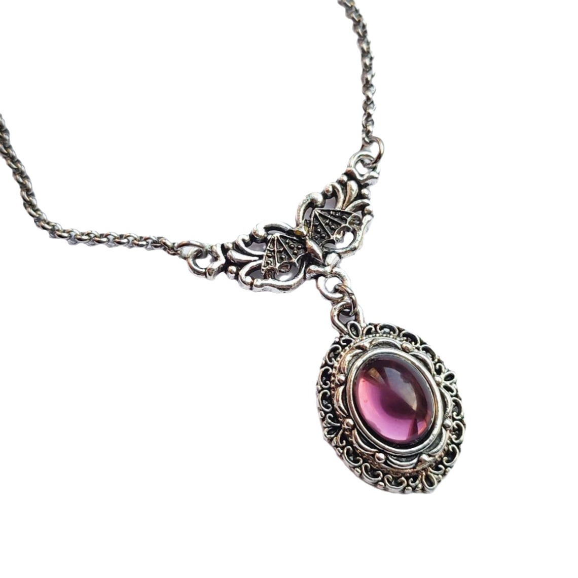 Victorian Gothic Vampire Bat Necklace With Purple Crystal Pendant_voghion.com