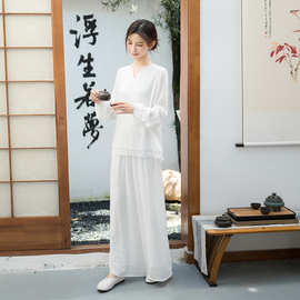 新款#2025新款民族风棉麻禅意打坐套装国风茶服表演服两件套女