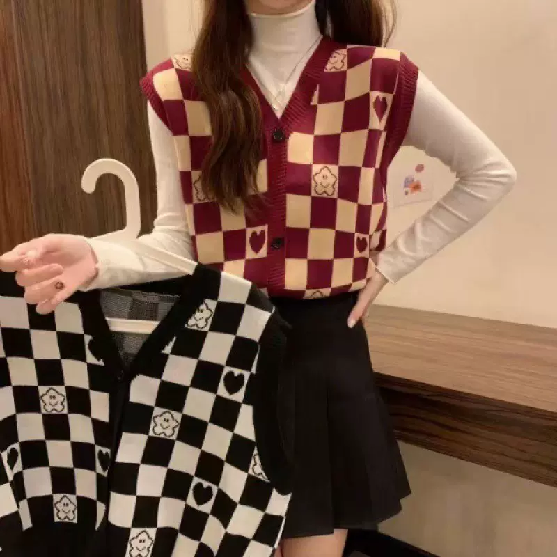 2023早春格子背心马甲V领单排扣针织开衫无袖韩版显瘦气质上衣女