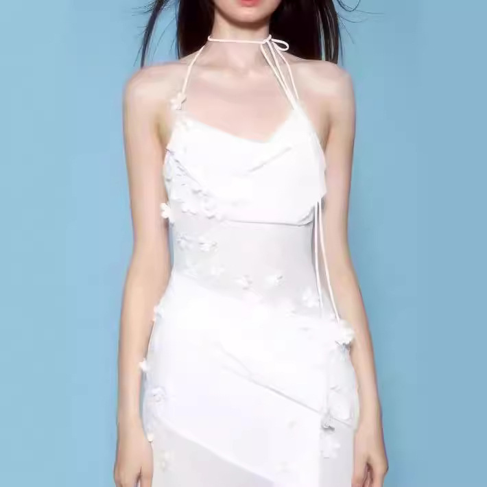 Spot Vietnamese Niche White Resort Style Beach Bohemian Dress Stereo Flower Long Floor-Length Skirt