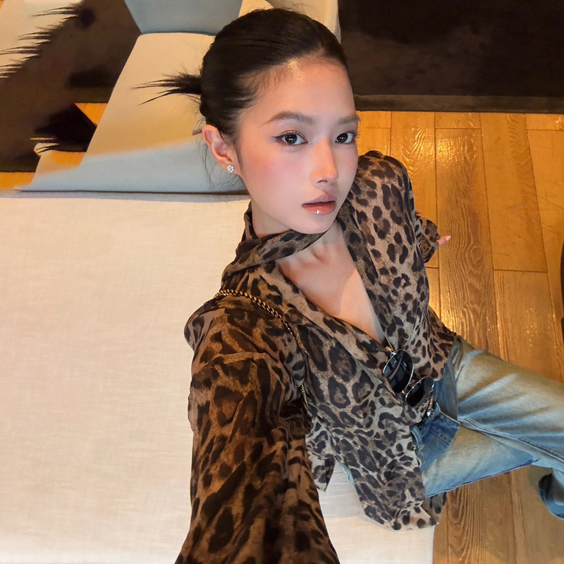 2025秋季跨境新款美式深V时尚潮流豹纹长袖修身气质百搭T恤上衣女|undefined
