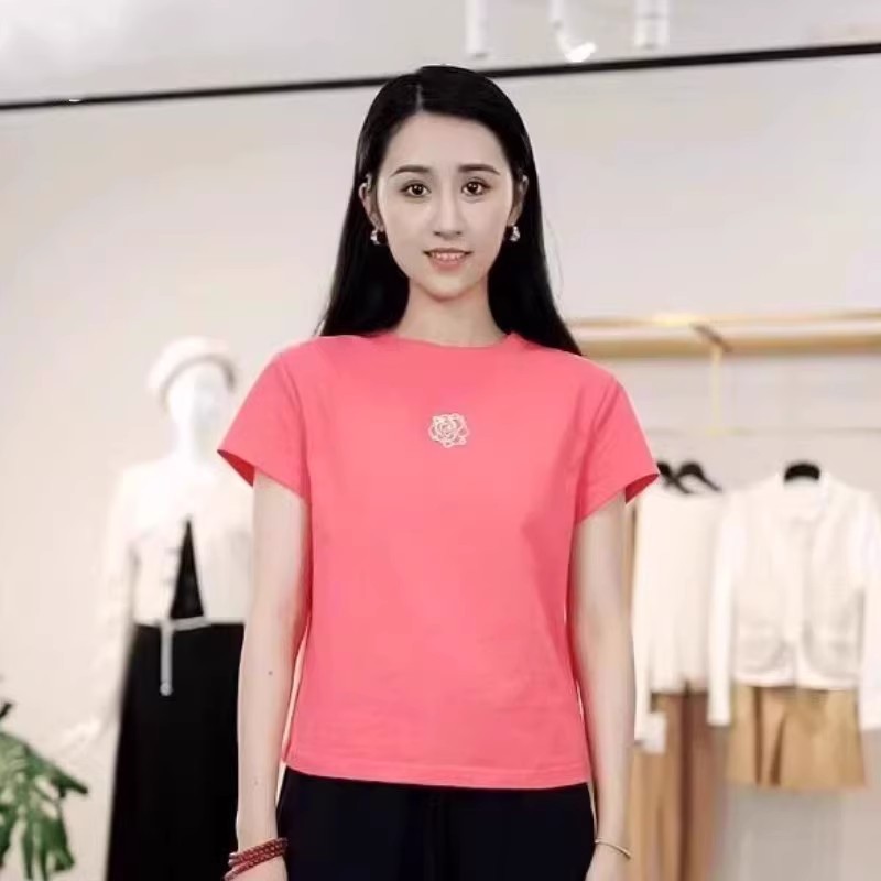 Áo thun nữ cổ tròn cotton thêu hoa hồng tay ngắn — Màu đen ngọt ngào chi tiết 3