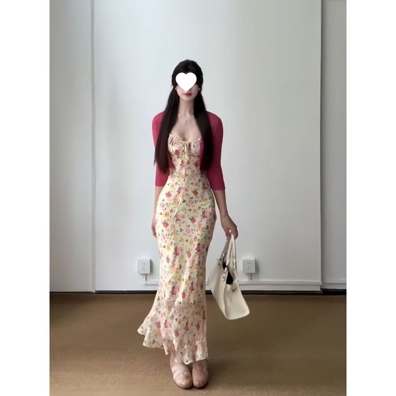 Dopamine Bright Women's Slim Fit Floral Spring/Summer Strap Dress Vacation Cardigan Set Waist-Cinching Long Dress for Women Dopamine Bright Women's Slim Fit Floral Spring/Summer Strap Dress Vacation Cardigan Set Waist-Cinching Long Dress for Women