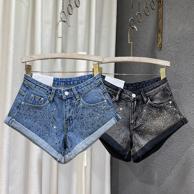 European Goods 2025 Spring and Summer New Slim Fit Rhinestone Denim Shorts Women's Sexy Hot Girl A-Line Rolled Hem Wide-Leg Hot Pants Trendy