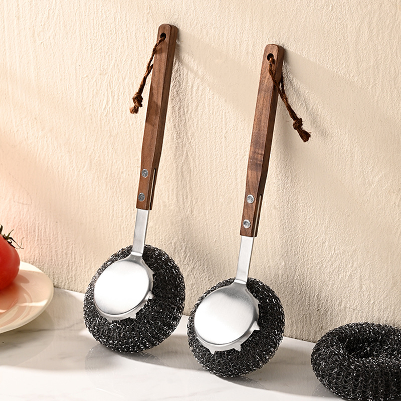 High-Quality Stainless Steel Pot Brush with Walnut Wood Handle, Stainless Steel 304 Pot Brush, Kitchen Cleaning Tool
