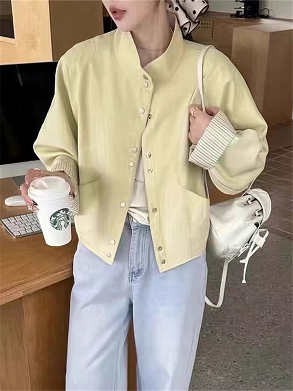 欧货条纹拼接袖立领短外套女2025开春女装小个子休闲时尚减龄上衣|undefined