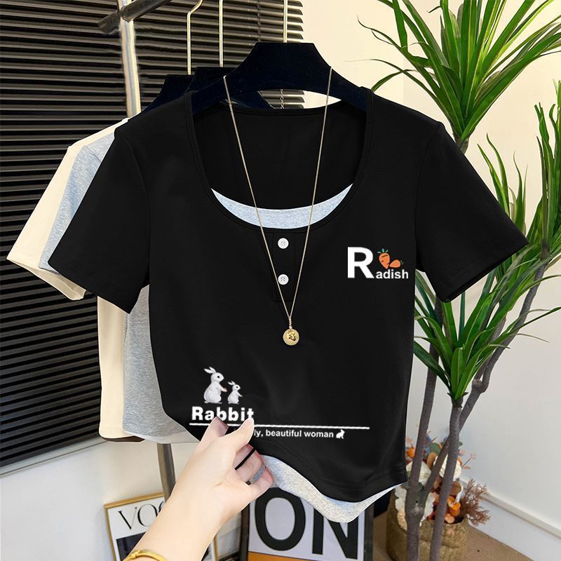 女性用右肩スクエアネック半袖Tシャツ、夏用大きいサイズファットmm、ゆったりスリムデザイン、ニッチな肉感カバー半袖トップス|undefined