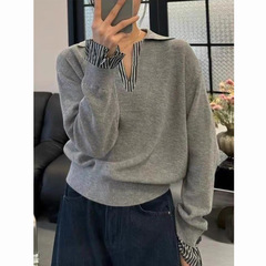 韩系假两件撞色拼接条纹针织衫女春季百搭显瘦设计感气质复古毛衣