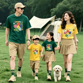 2026夏季亲子装新款母子母女婴儿一家三口四口太阳花校园风短袖t
