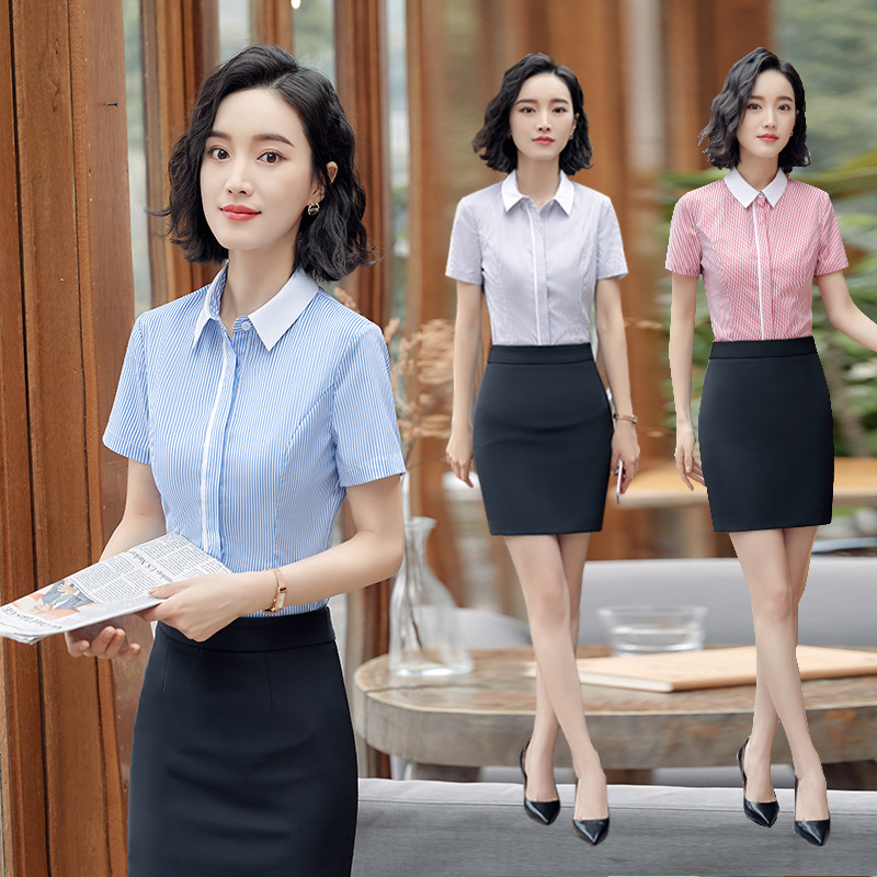 Business Dress Shirt Women's Short-sleeved Striped Shirt Hotel Work Clothes Summer plus size Work Dress Shirt Women's Interview Dress